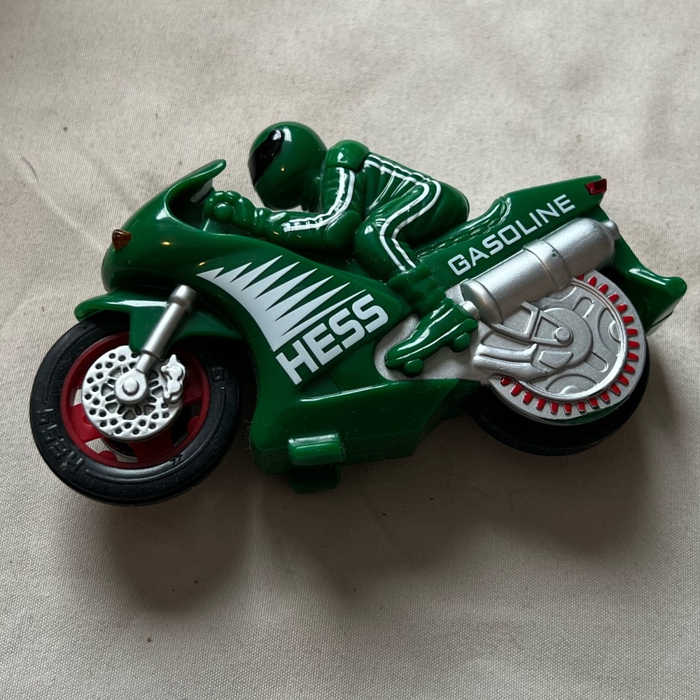 Hess Gasoline Motorcycle Toy, Mini Green Bike with Rider Figure